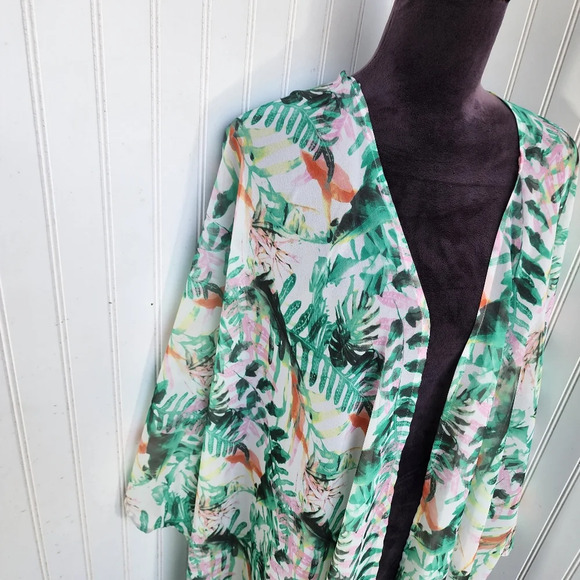 Nina Leonard Top Womens Open Front Sheer Tropical Floral Green Blouse Cover OS - Picture 3 of 10